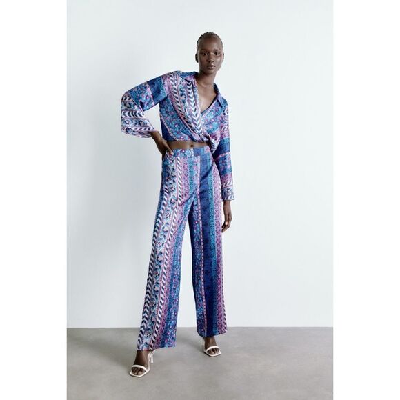 NWT Zara Satin Effect High Waisted Wide Leg Printed Pants, Size Medium - Picture 10 of 16